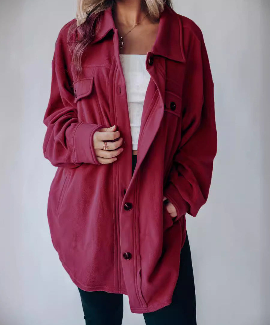 Women's Retro Button Down Plush Baggy Shirt Jacket