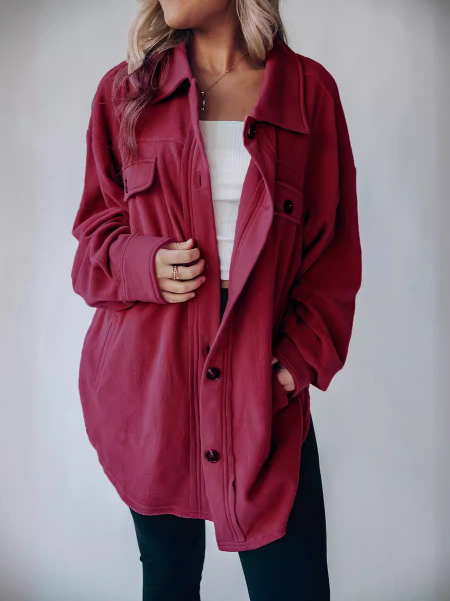 Women's Retro Button Down Plush Baggy Shirt Jacket
