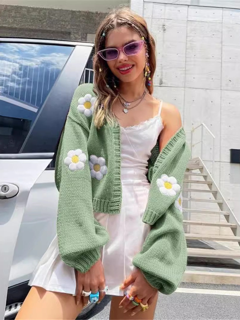 Women's Floral Open Cardigan Cropped Sweater