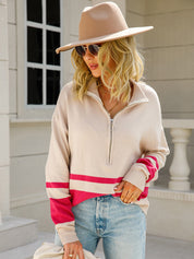 Retro Two-Tone Long Sleeve 1/2 Zip-Up Knit Pullover
