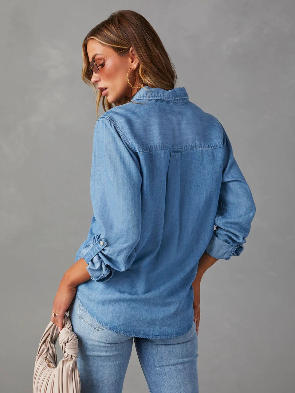 Vintage Long Sleeve Button-Up Denim Blouse