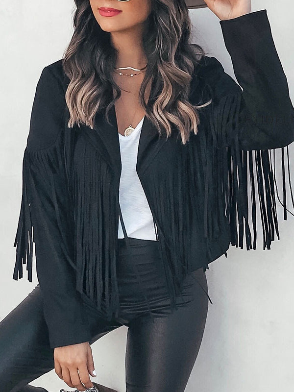 Women's Leather Sueded Elegant Collared Tassel Jacket