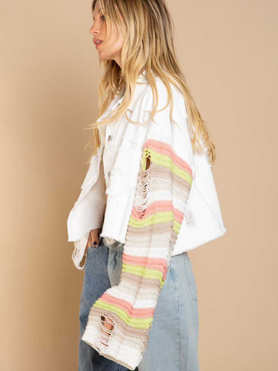 Women's Distressed Striped Long Sleeve Denim Jacket