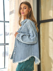 Women's Retro Pretty In Pearls Raw Hem Denim Jacket