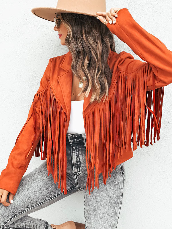 Women's Leather Sueded Elegant Collared Tassel Jacket