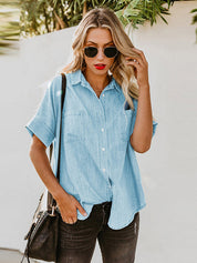 Retro Solid Button-Up Lapel Denim Shirt