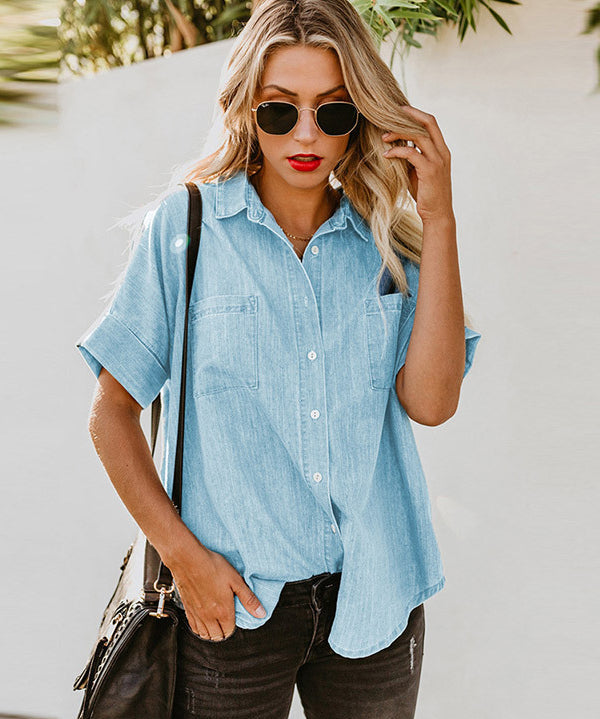 Retro Solid Button-Up Lapel Denim Shirt