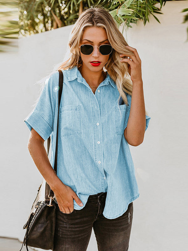 Retro Solid Button-Up Lapel Denim Shirt