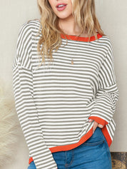 Women's Striped Color Block Knit Crewneck Baggy Sweater