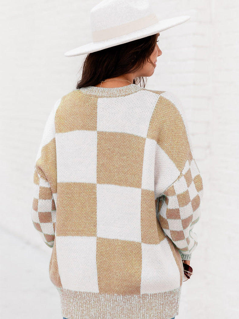 Jersey de punto con cuello redondo y estampado a cuadros chic