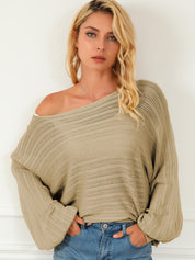 Openwork Boat Neck Puff Sleeve Sweater