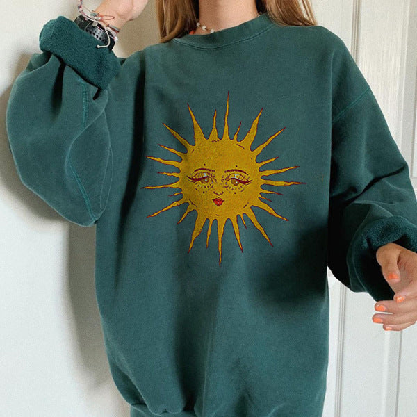 Green Ladies Sun Graphic Sweatshirts