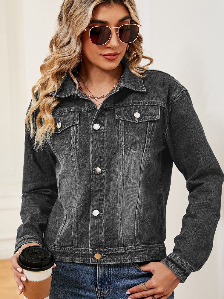 Women's Distressed Button-Up Lapel Denim Bike Jacket