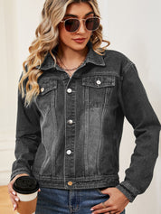 Women's Distressed Button-Up Lapel Denim Bike Jacket