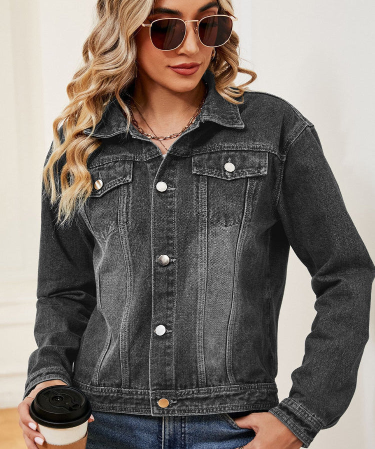 Women's Distressed Button-Up Lapel Denim Bike Jacket