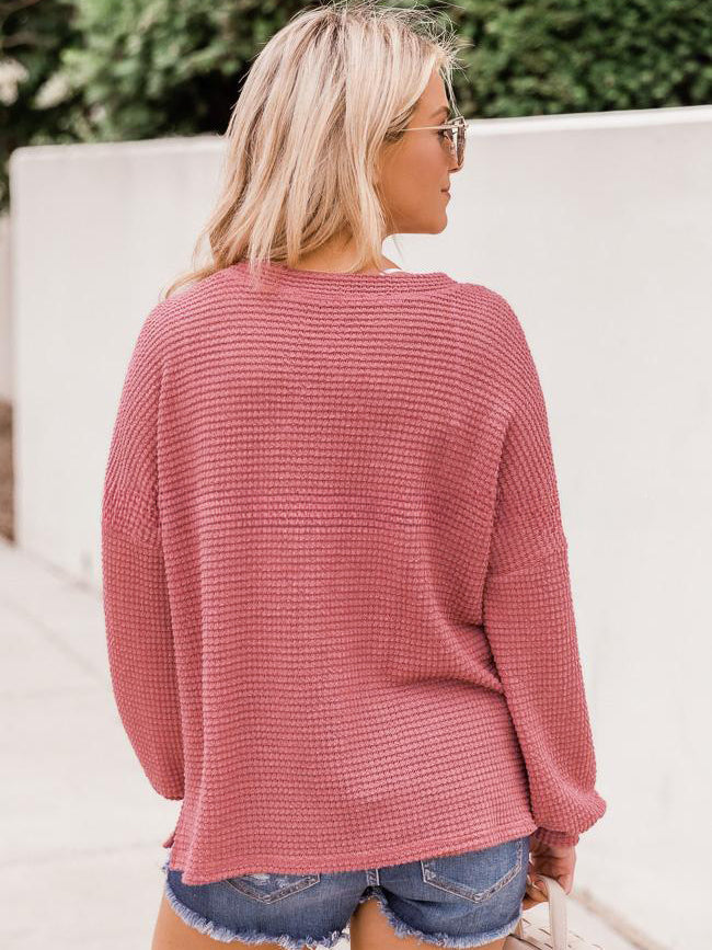 Ladies Waffle Knit Henley Pullover