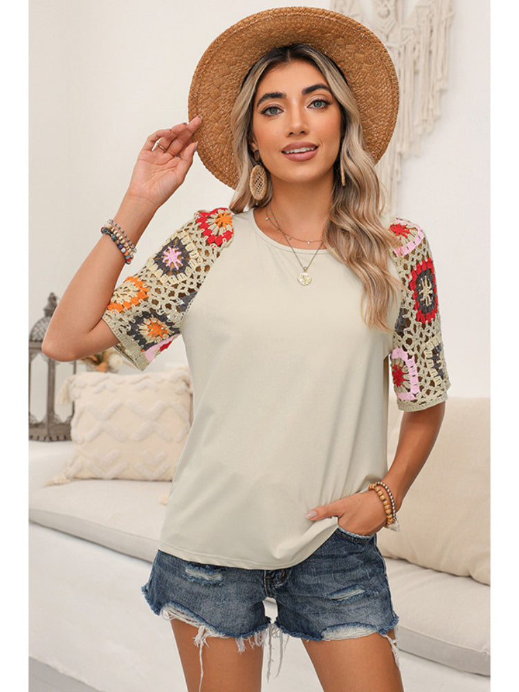 Women's Solid Color Floral Sleeves Shirt