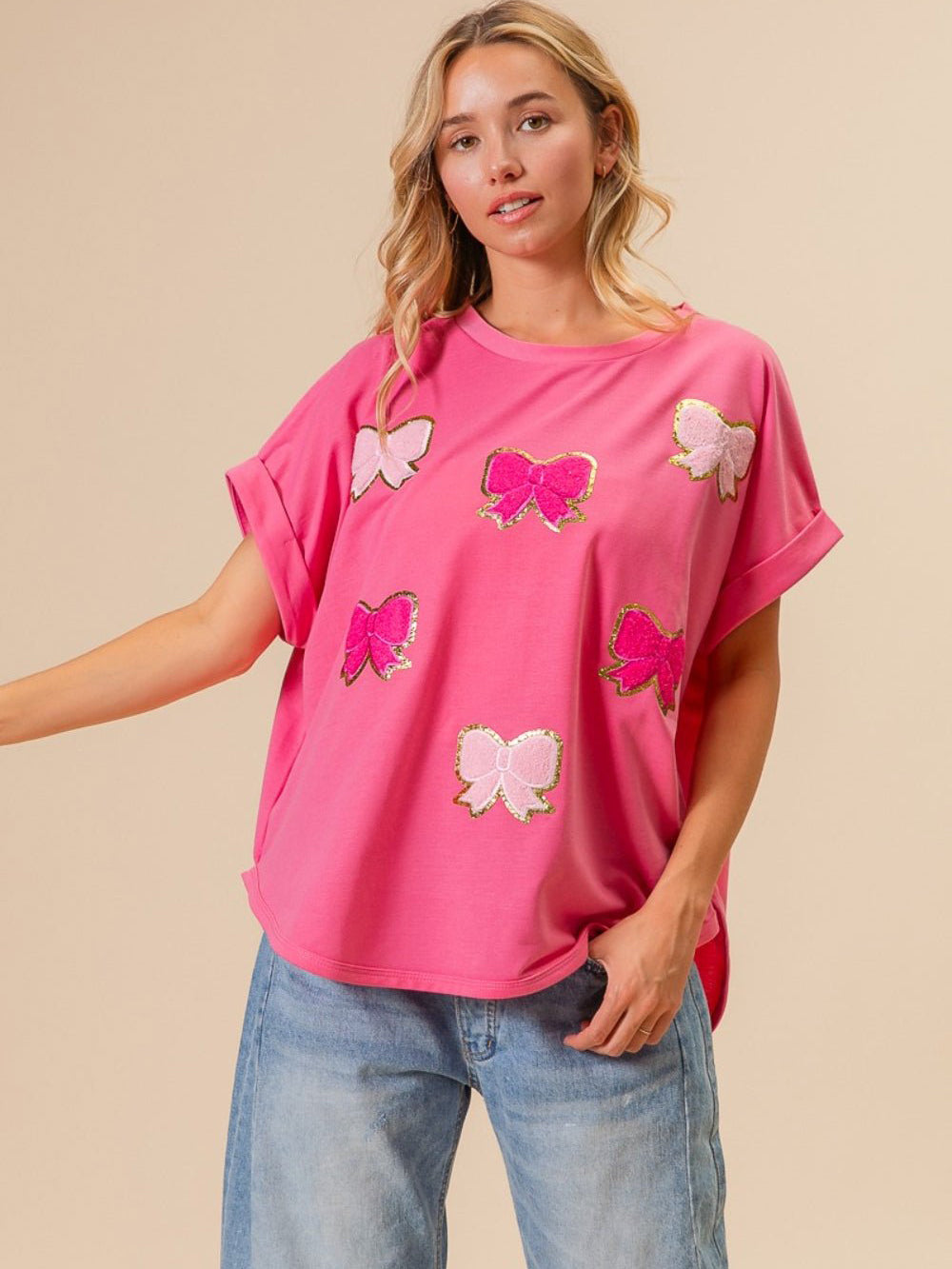 Women's Pinky Bow Mania French Terry Patched Short Sleeve Top