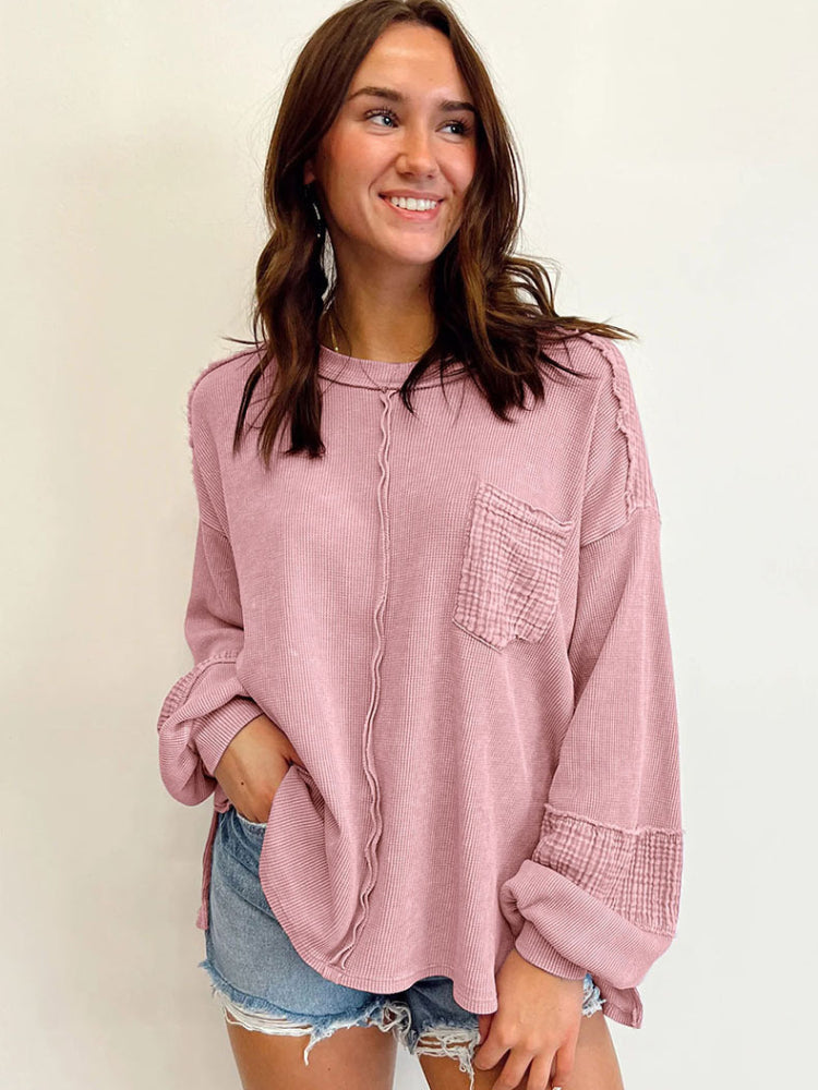 Women's Casual Waffle Patchwork Crewneck Sweatshirt