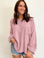 Women's Casual Waffle Patchwork Crewneck Sweatshirt