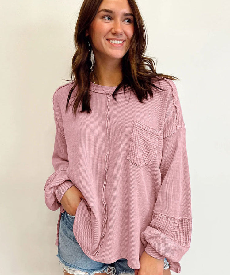 Women's Casual Waffle Patchwork Crewneck Sweatshirt