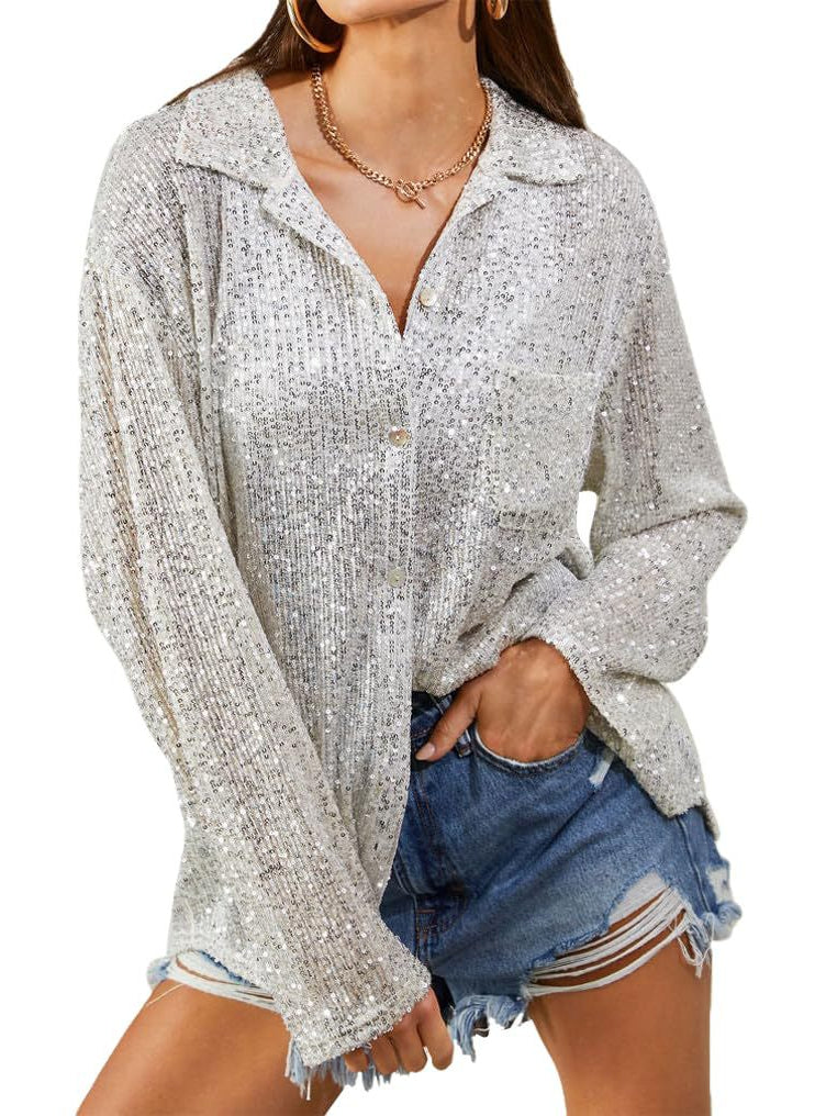 Sparkly Glitter Button-Up Lapel Blouse
