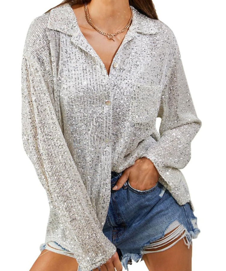 Sparkly Glitter Button-Up Lapel Blouse