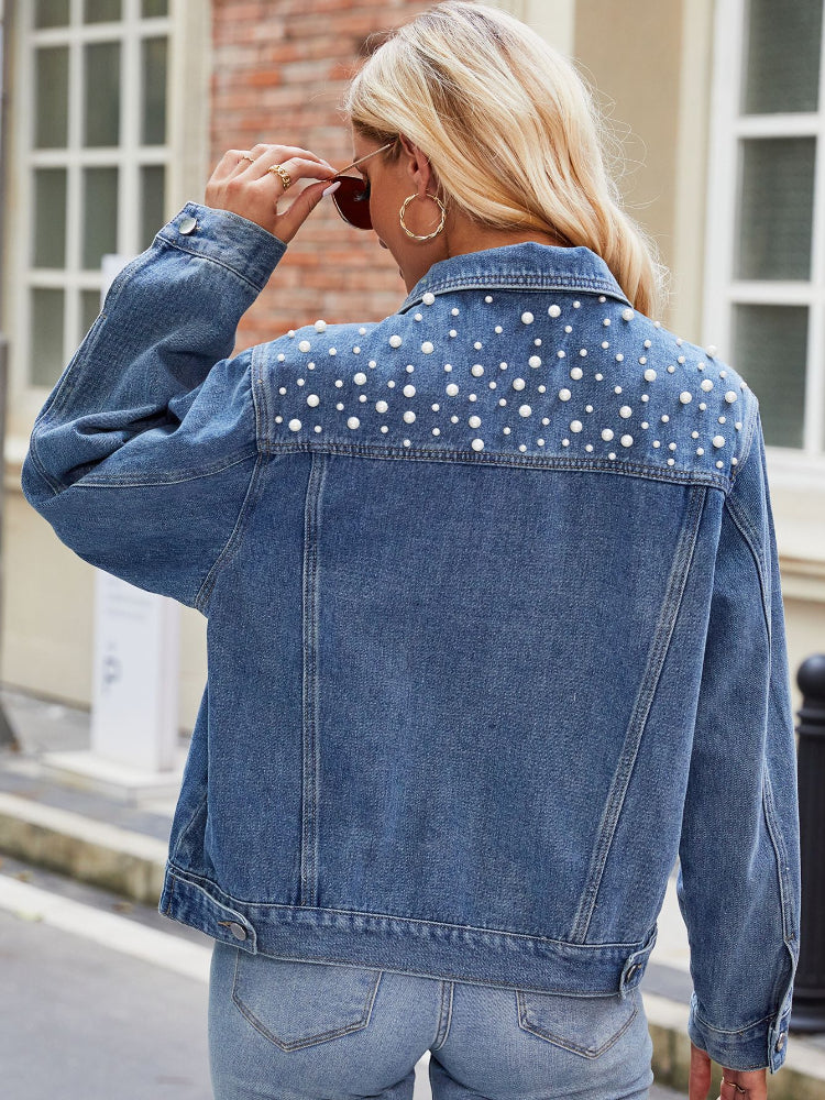 Women's Classic Slim Fit Button Up Denim Jacket with Pearl