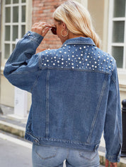 Women's Classic Slim Fit Button Up Denim Jacket with Pearl