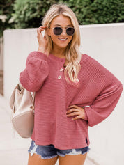 Ladies Waffle Knit Henley Pullover