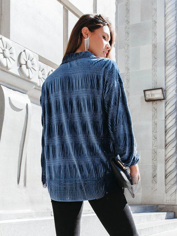 Velvet Ruched Button Up Collared Neck Blouse