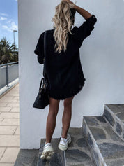 Distressed Raw Hem Collared Neck Long Sleeve Denim Jacket