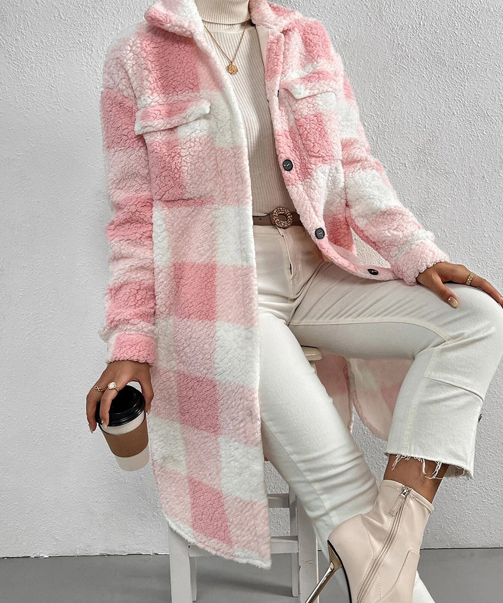 Women's Casual Lapel Plaid Outwear Warm Jacket
