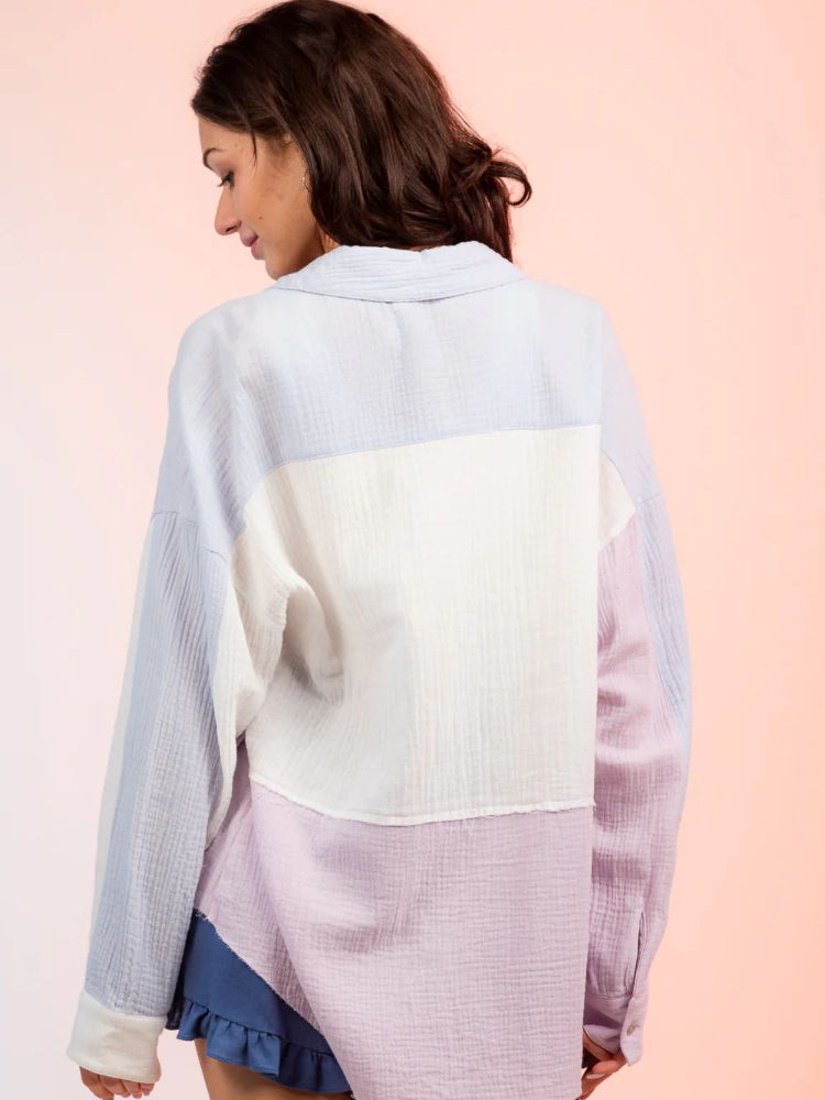 Chic Long Sleeve Color Blocked Button Down Shirt