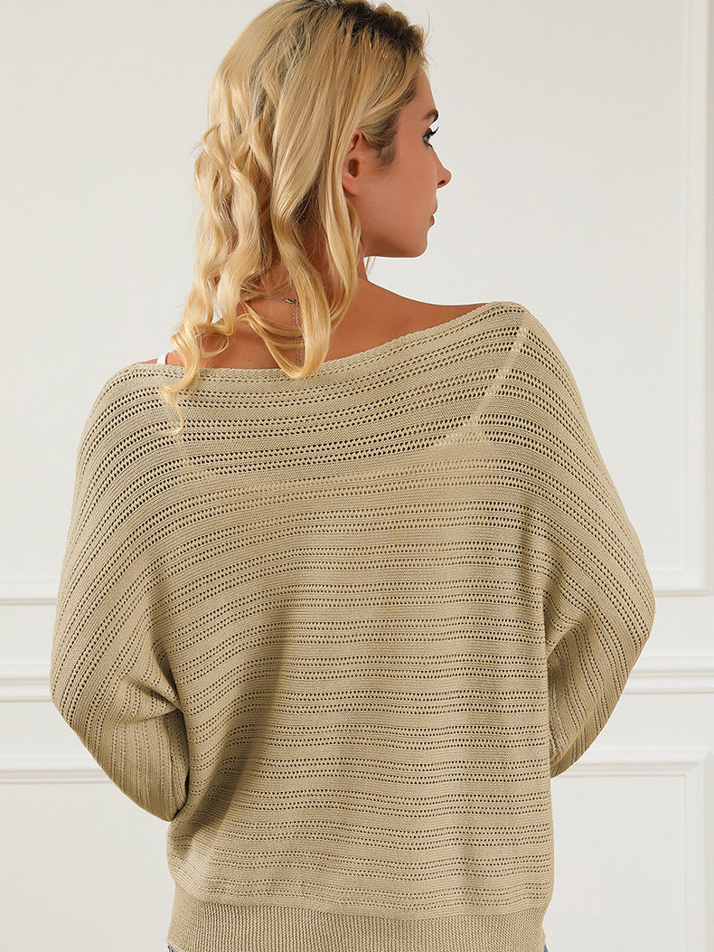 Openwork Boat Neck Puff Sleeve Sweater