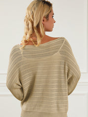 Openwork Boat Neck Puff Sleeve Sweater