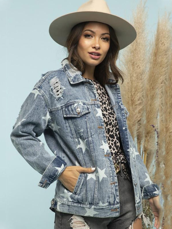Distressed Blue Western Cowgirl Star Print Denim Jacket