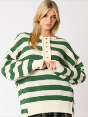 Women's Retro Half-Button Up Striped Knit Baggy Sweater