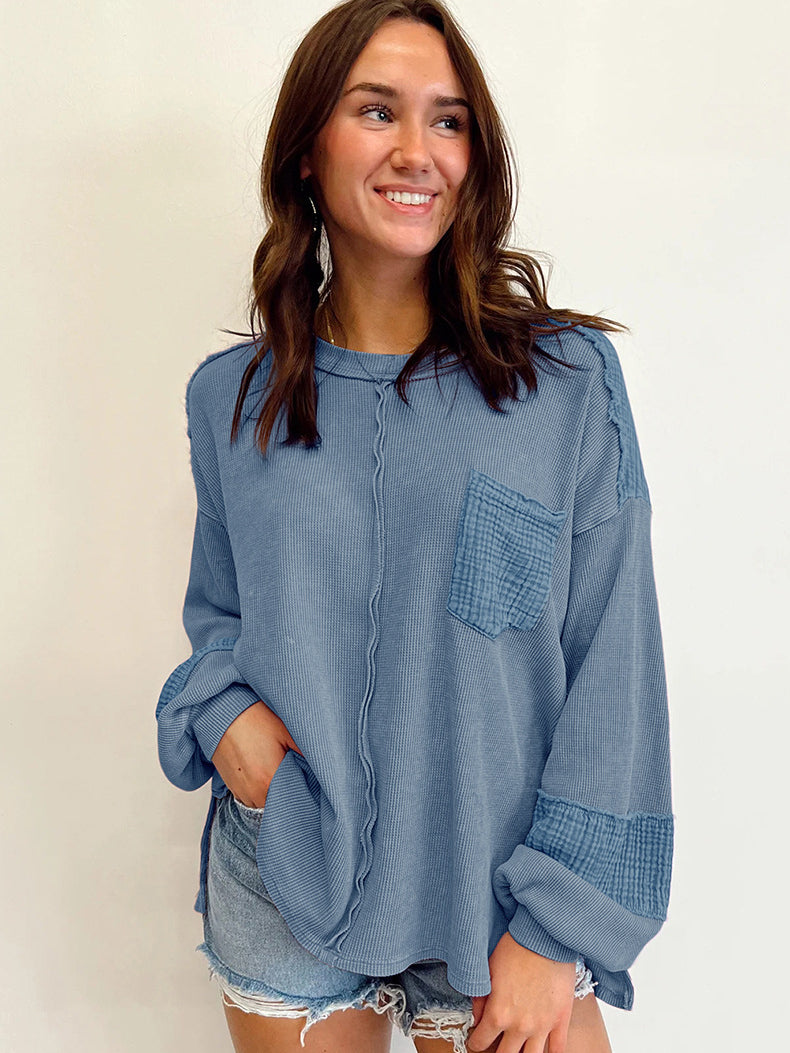 Women's Casual Waffle Patchwork Crewneck Sweatshirt
