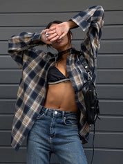 Women's Vintage Blue Plaid Button-Up Lapel Shirt