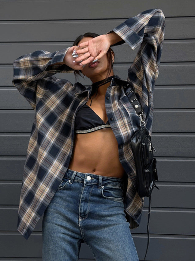 Women's Vintage Blue Plaid Button-Up Lapel Shirt