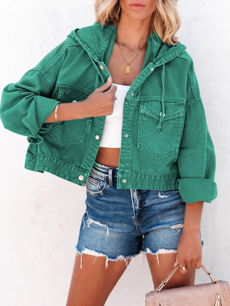 Distressed Hooded Washed Crop Denim Jacket