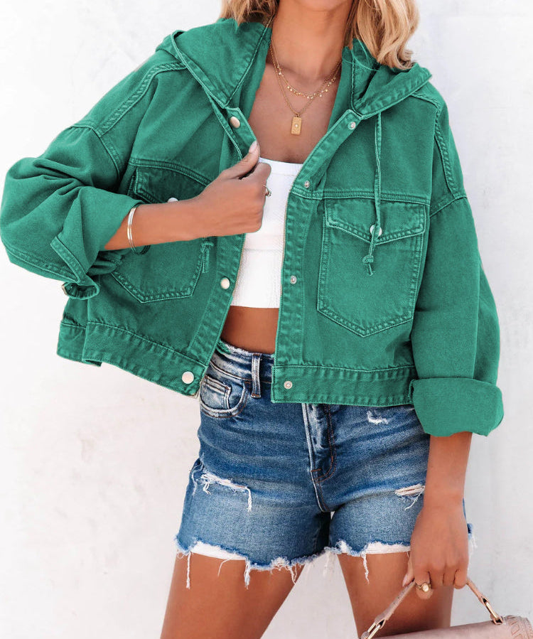 Distressed Hooded Washed Crop Denim Jacket