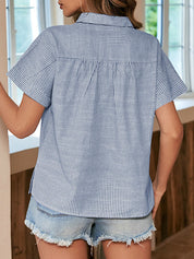 Short-Sleeve Collared Pinstriped Henley Shirt
