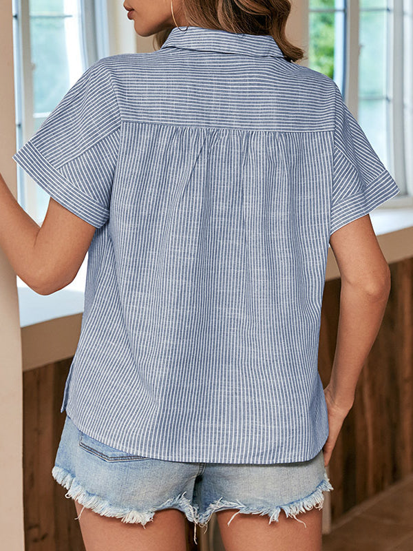 Short-Sleeve Collared Pinstriped Henley Shirt