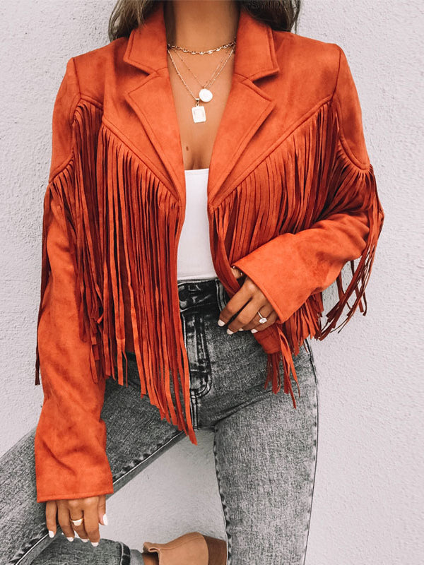 Women's Leather Sueded Elegant Collared Tassel Jacket