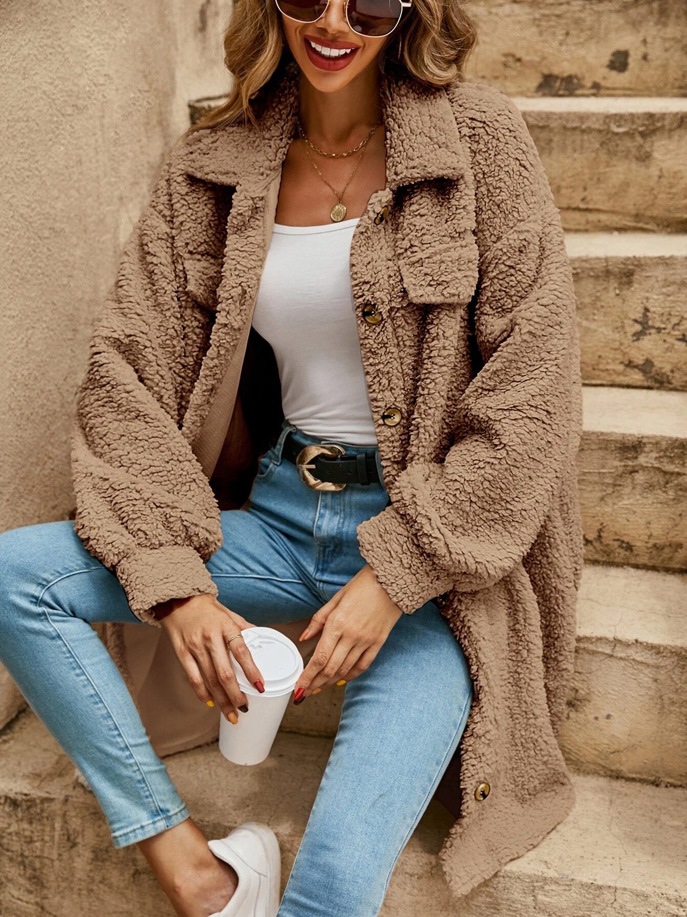 Women's Thicken Drop Shoulder Shaggy Cardigan Coat
