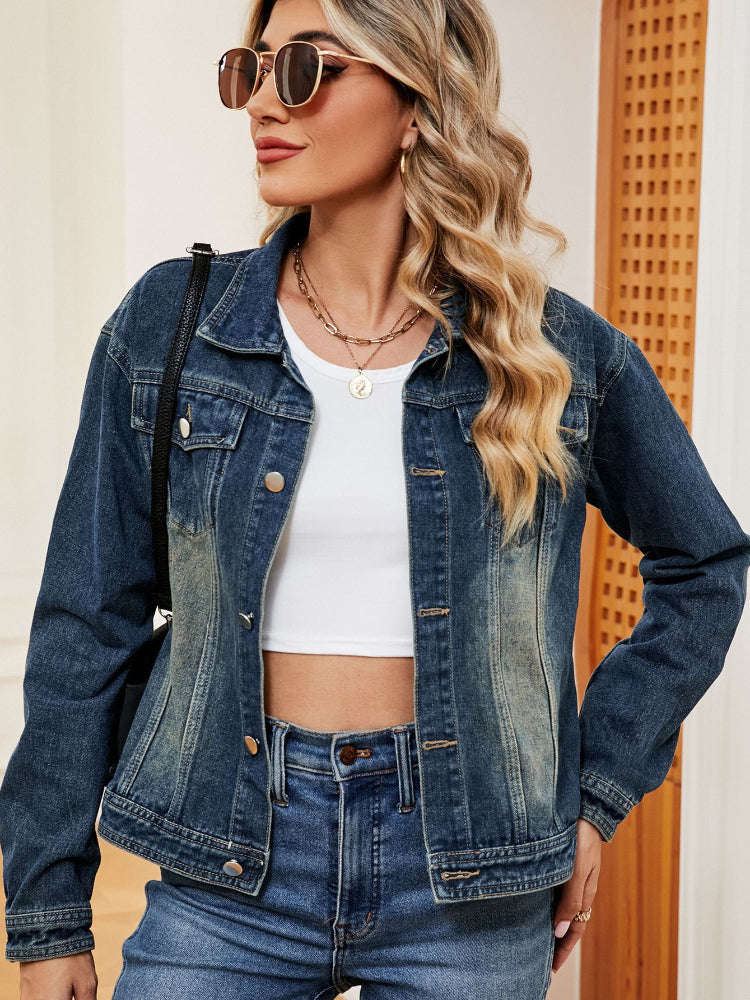 Women's Distressed Button-Up Lapel Denim Bike Jacket