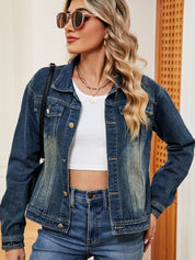 Women's Distressed Button-Up Lapel Denim Bike Jacket