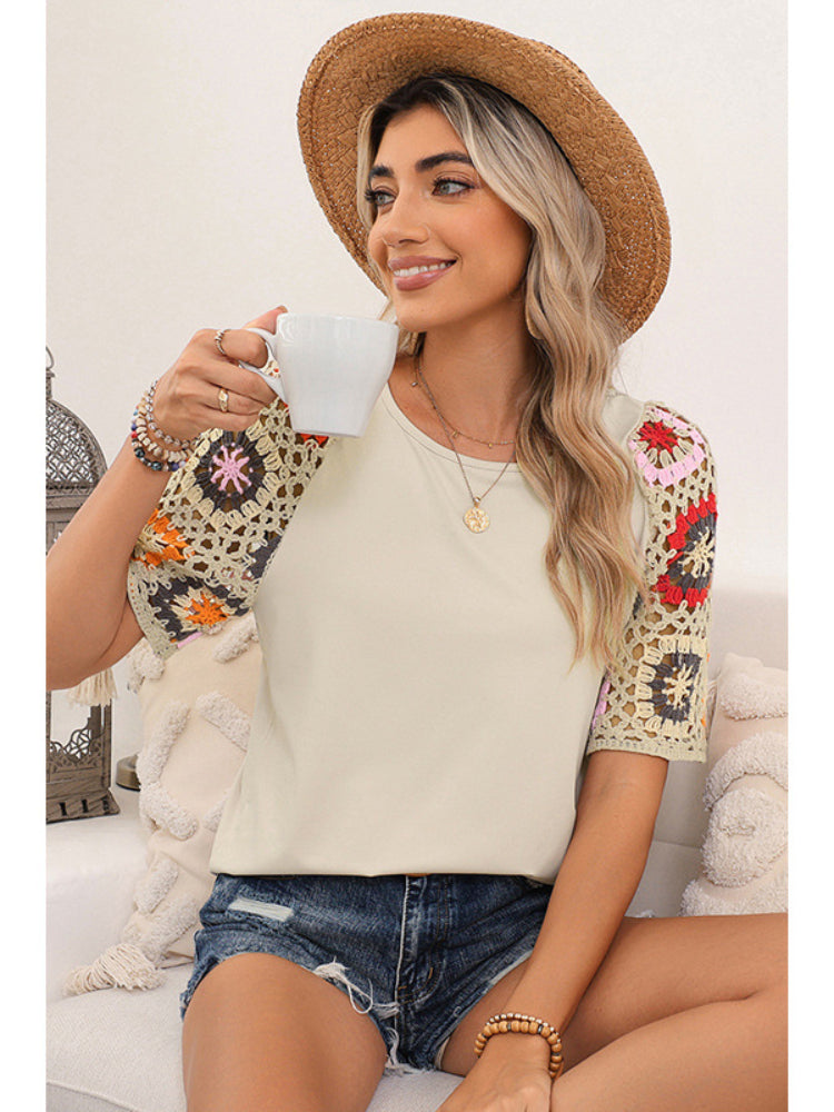 Women's Solid Color Floral Sleeves Shirt
